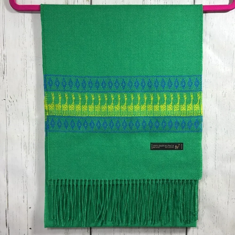 Baby Alpaca 100% Fringe Luxurious Soft Cozy Handmade Knit Kelly Green Scarf